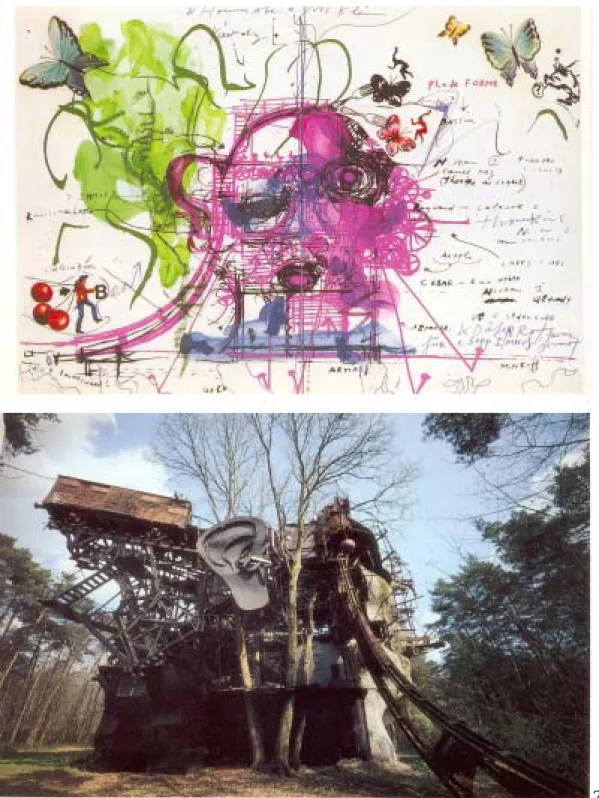 圖 22：「人頭」（La Tête）,  即「獨眼巨人」（le Cyclope）, 1969–87,  高 2250 ㎝,於巴黎近郊密利 森林.  左邊最上方突出於空間中的即是一部法國國鐵 1930 年代古老模樣的車廂
