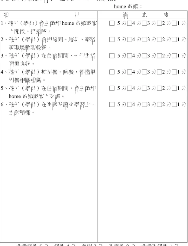 表 8  home 爸媽回饋表  桃園縣龍潭鄉優秀青少年遊學團 home 爸媽回饋表                                                                                      home 爸媽：  項                                                目  滿          意            度  1、孩子（學員）會主動和 home 爸媽或家 人問候、打招呼。  2、孩子（學