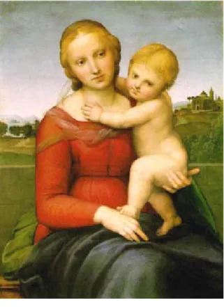 圖 2-3-4  Raphael 的《聖母子》  （一）  符號具：印刷於紙上的一幅畫作  （二）  符號義：  1、  第一層次：明示義                一位抱著孩童的年輕女性坐在鄉間的原野上。  2、  第二層次：            〈1〉隱含義            畫面的形象令人聯想到在恬靜的鄉間，母親溫柔慈祥的抱著孩子，整 張畫作用色柔和，營造出溫馨的氣氛。 