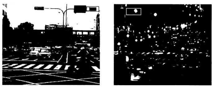 Fig.  1 :  Typical  scene examples at intersections ,  where traffic  lights are  bordered by rectangles ,  (a)  Daytime Scene (b) Nighttime Scene