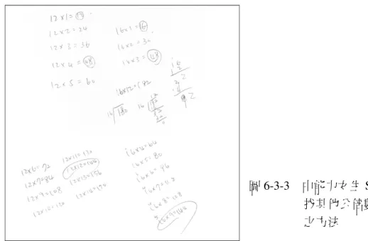 圖 6-3-3    中能力女生 S7                    找其他公倍數                    之方法  (三)低能力學生在「多於一個的答案」之判斷方面的表現  表 6-3-6    低能力學生對於試題中「多於一個的答案」之判斷情形  認為一般題目只有一個答案  →算出一個答案後就停止計算  男 S15、S19、S23 女 S21  因為題目只問一個  →所以只有一個答案  女 S12、S14  無法解題  男 S1、女 S5  上表 6-3-6 為低能力學生對於試題中「多