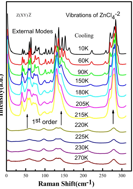 圖 4.11:Raman spectra of vibration of ZnCl 4 -2  anion and external modes for  Z(XY) Z scattering geometry when sample was cooled from room temperature to 