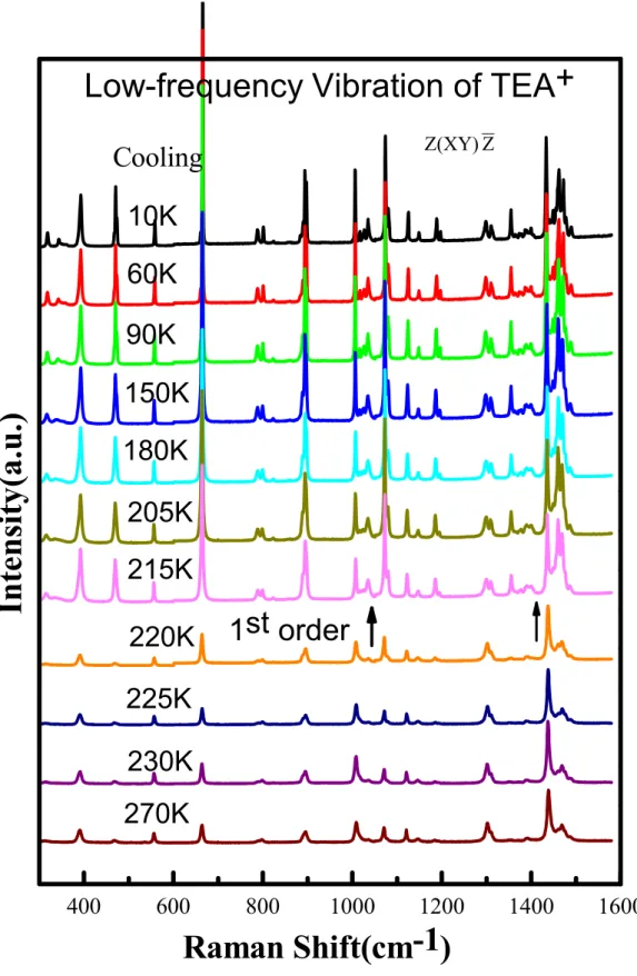 圖 4.7：：Raman spectra of low-frequency vibration of TEA + ，   such as  C-C，  rCH 3 ， rCH 2 ，   wCH 2  etc.， for Z(XY) Z scattering geometry when sample was cooled form 