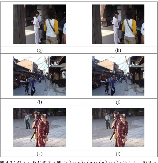圖 4-2：輸入之原始影像。圖（a） 、 （c） 、 （e） 、 （g） 、 （i） 、 （k）為左影像。 圖（b）、（d）、（f）、（h）、（j）、（l）為右影像。 