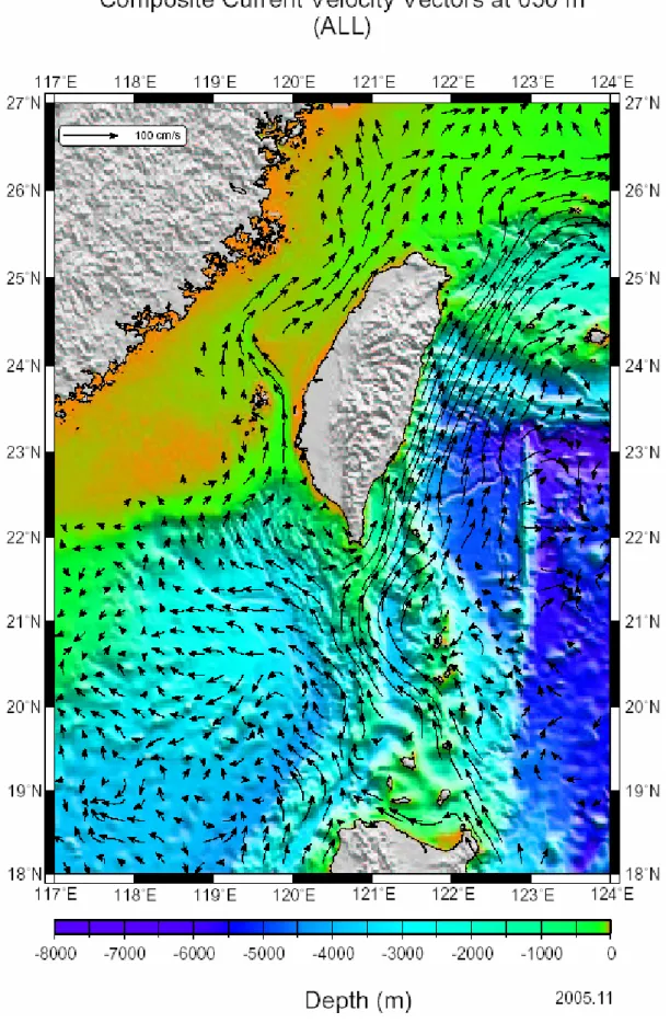 圖 3-2  臺灣周邊海域 50 公尺全年平均流況圖，底色為水深，色標自-8000~0 公尺。單位向量為 100 cm/s。(取自 http://www.ncor.ntu.edu.tw/) 