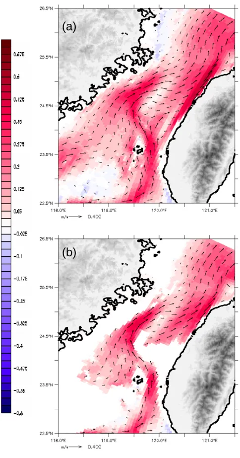 圖 3-3 TSM 結果，臺灣海峽全年平均流場，底圖為 V 方向速度量值，紅為正 值(北向流)、藍色為負值  (南向流)，單位向量為 0.4m/s。(a)水深 20 公尺 (b) 水深 50 公尺。 
