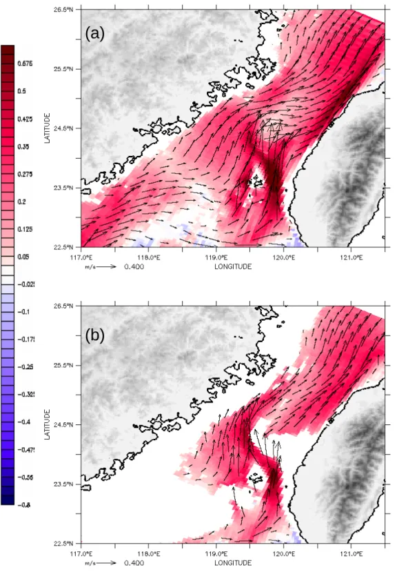 圖 3-14 TSM 結果，臺灣海峽 7 月平均流場，底圖為該深度 V 方向速度量值，