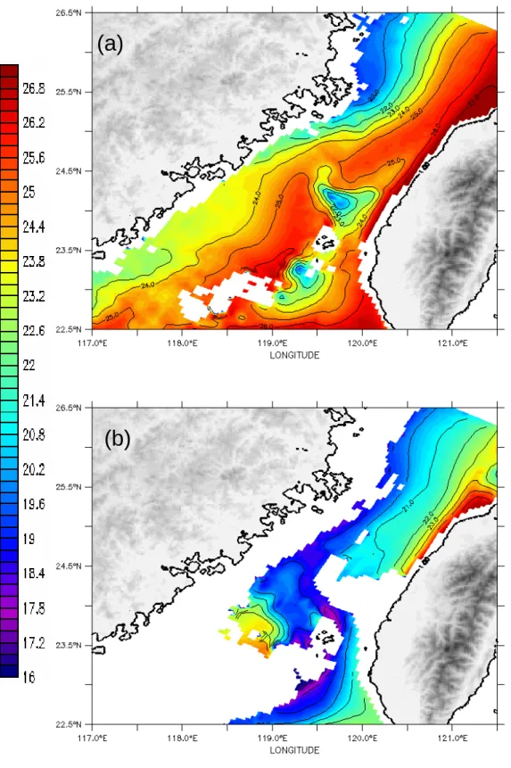 圖 3-15 TSM 結果，臺灣海峽 7 月平均溫度場，底圖是該深度水溫由 16ºC 到 28ºC  ，等值線間距為 1ºC。 (a)水深 20 公尺(b)水深 50 公尺。 