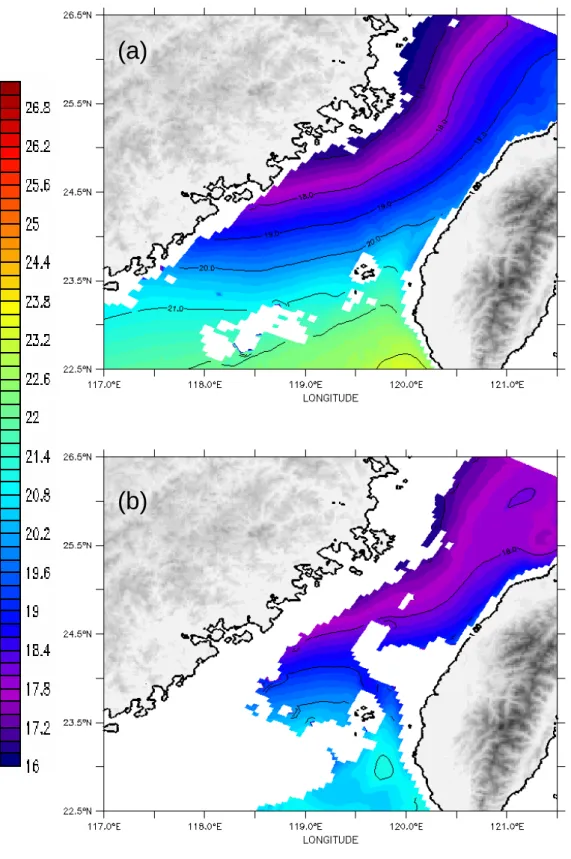 圖 3-17 TSM 結果，臺灣海峽 1 月平均溫度場，底圖是該深度水溫由 16ºC 到 28ºC，等值線間距為 1ºC。 (a)水深 20 公尺(b)水深 50 公尺。 