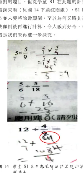 表 2  2 位 低 成 就 學 童 的答 題 表 現  題 型 S1 S2 分 數 乘 法 計 算  分 數 乘 以 分 數(2)  ×  ○帶 分 數 乘 以 整 數(4) ×  ○整 數 乘 以 分 數(1) ×  ○ 整 數 乘 以 分 數(3)  ×  ○ 分 數 除 法 計 算  同 分 母 的 分 數 除 以 分 數(7) ×  ○異 分 母 的 分 數 除 以 分 數(5)×  ○整 數 除 以 分 數(6) ○  ○ 帶 分 數 除 以 分 數 (10)  × × 分 數 乘 除 法 文 