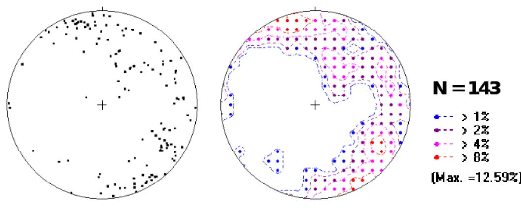 圖 3-18  礦 物 拉 張 線 數 據 統 計 結 果 (equal area plot, lower hemisphere  projection)。 