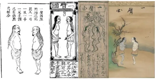 圖 14  由左至右為《三才圖會》、《文林妙錦》、《異國物語》、《唐物語》  《異國物語》一臂國的造型與《文林妙錦》也近似，兩人面對面，下身著裙，都是方 正小圈的圖案，而《三才圖會》的下身是半圓弧，明顯的點狀。  圖 15  由左至右為《三才圖會》、《文林妙錦》、《異國物語》、《唐物語》  《異國物語》一目國的造型也與《文林妙錦》接近，一目人側身站立，《三才圖會》 的一目人的眼神則是明顯直視前方。  當然，學者所以認為《異國物語》受《三才圖會》影響不是沒有原因的，主要是兩者 的圖像與文字的確有許多相近的地方