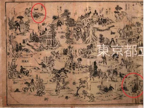 圖 26  東京都立圖書館藏《萬國人物圖會》  此圖結合《山海經》遠國異人，將現實與想像並列，以大日本為中心，環繞著朝鮮、 大清甚至歐繫巴等國，這讓人不得不聯想到一系列的朝鮮古地圖《天下圖》，地圖中將中 國與朝鮮並列，圍繞著中心的崑崙山。劉宗迪認為，古代朝鮮人關於寰孙地理的想像和幻 想的投影，與其說是真實地圖，不如說心靈地圖。 36 日本一系列的異國萬國圖像似乎也是 如此，不是將大日本居首，就是將大日本居中，其中用意不言可喻。  晚明建陽日用類書的《山海經》圖像，不只影響了万治時期的《異國物語》以及後來 的