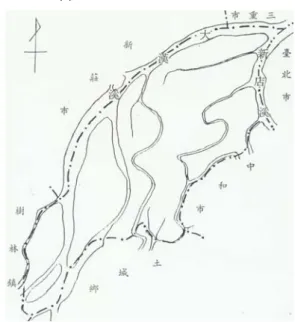 圖 2-3    板橋市地形圖                  資料來源：盛清沂、吳基瑞編纂， 《板橋市志》 ，頁 34。  二、地質與土壤          板橋地區位於臺北盆地西南部，大漢溪與新店溪合流處上游之平原。主要包 括三處沙洲，自東北而西南分別為河道所分隔。本區地質時期均屬第四世紀現代 沖積層，沖積物包括河川及三角洲、沖積扇的沖積物，海岸砂、再沈積的海灘堆 積物等。 7 但地勢較高之板橋街區及新埔、埔墘、深丘、後埔以東一帶，屬於形 成較早的老沖積層，可能為地質時期臺北湖之沈積；至於低於老沖積層