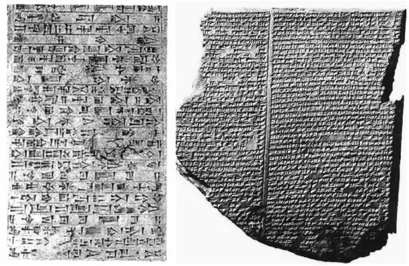 圖 一 、 楔 形 文 字 (圖 左 )及 刻 有 楔 形文 字 的 黏 土板 (圖 右 )(Nineveh 出 土 )  黏 土 板 資 料 源 自 ( http://www.gasite.org/library/daniken/index11.html )          紀 元 前 3000 年 ， 極 繁 榮 的 蘇 美 民 族 (Sumerian) 烏 魯 克 (Uruk) 城 著 名 君 王 吉 爾 伽 美 什 (圖 二 )， 是 由 三 分 之 二 的 神 ， 三 分 之 一 的 人 形 成