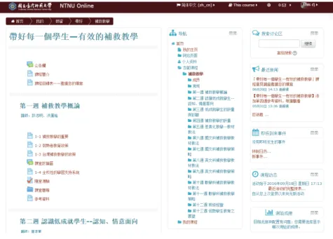 圖  1 入口界面 2. 課程內容的組織架構 本課程共有 13 個單元課程，課程內容架構如表 2，包括 7 個單元的 共同必修課程，另再分國文、英文和數學三個選修單元，學員可任選其一。 本課程修畢之規定，為修讀共同課程和其中任一選修科共計 9 單元視為完 整課程。本課程試圖透過影片講解、議題討論、案例分析等多元教學方式， 引導學生學習。各單元主題與學習活動項目設置如表 2，本課程中，共有 76 項學習項目，包括：47 段教學影片、12 個單元的隨堂練習、4 個單元 的討論區議題、 6 個單元大作業，以及 2