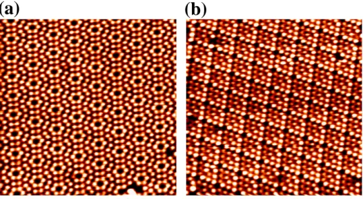 Fig. 2.2: Images showing Si(111)7×7 surface at the sample bias (a) +2V, and  (b) -2V.    Sizes of these images are 25nm×25nm