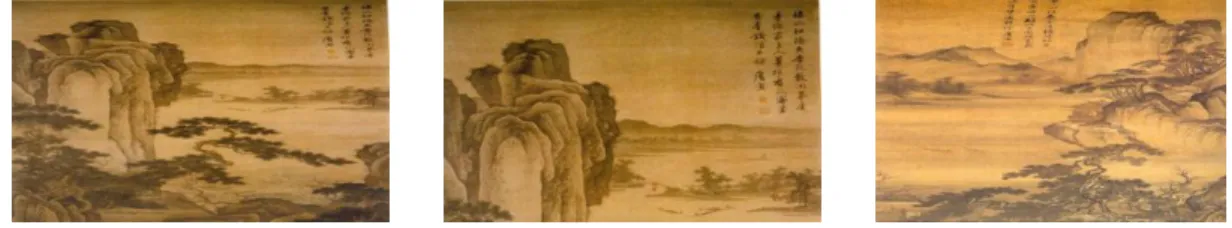 圖 2.21 明唐寅杏花山館圖        圖 2.22（局部）後景前山濃後山淡      圖 2.23 春遊女几山圖  三、空氣透視法的空間表現  如唐朝王維之《山水論》論及「遠人無目，遠樹無枝。遠山無石，隱隱如眉， 遠水無波，高與雲齊。」 (註 12) ，五代荊浩之《山水賦》也有一段說： 「…..要分遠 近…..凡作林中，遠則疏平，近則森密。」這就是空氣透視法由於空氣中有水蒸 氣與塵埃，故遠處景物較模糊，明暗調子較弱，墨色較淡。            圖 2.24 清王翬＜仿古山水冊頁＞       