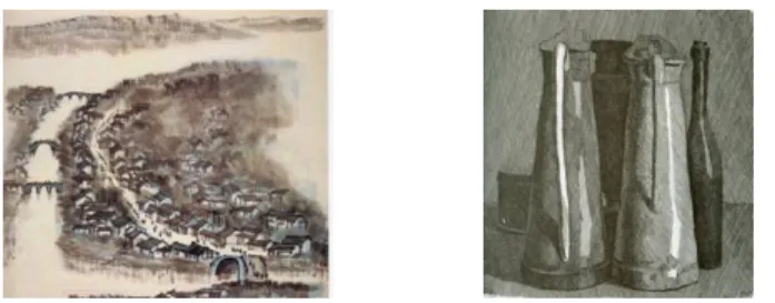 圖 2.8.3 李可染江城朝霧圖 1965 62×45 紙本  以近濃遠淡的濕氣宣染畫面表現前後距離空間，  右圖以不同方向疏密的紋理表顯前後距離空間。 （圖形摘錄堤  浪夫著  造形的發想 2002 台北六合  頁 43）  (二)透視法表現空間  1.消點透視法(1)一點消失透視法：基本要素為水平線(視平線)上一假想的消失點 是所有透視線的集中中心點，若是在消失點前劃一 90 度角的方 格，方格的四個角與消失點連接，此四條線即為透視線，可於 消失線上定出深度，就是方格空間的大小（圖 2.8.4a）。  