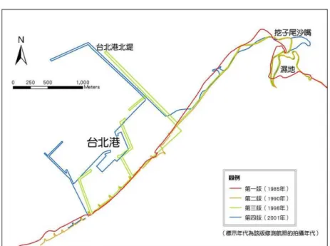 圖 7  八里海岸四個版次 1:25000 經建版地形圖水涯線套疊結果  表 3  研究樣區各版次經建版地形圖之標稿、修測圖資和其出版年代  版次  標稿使用的像片基本圖  （製作該基本圖的航照拍攝年代）  編稿使用的航空照片和拍攝年代  地形圖印刷出版年代  第一版  第一版像片基本圖(八里 1978 年拍攝、白沙灣 1979 年拍攝)  1985 1986  第二版  第二版像片基本圖（八里 1985、1986 年拍攝、白沙灣 1986 年拍攝）  1990 1991  第三版  第二版經建版地形圖 1