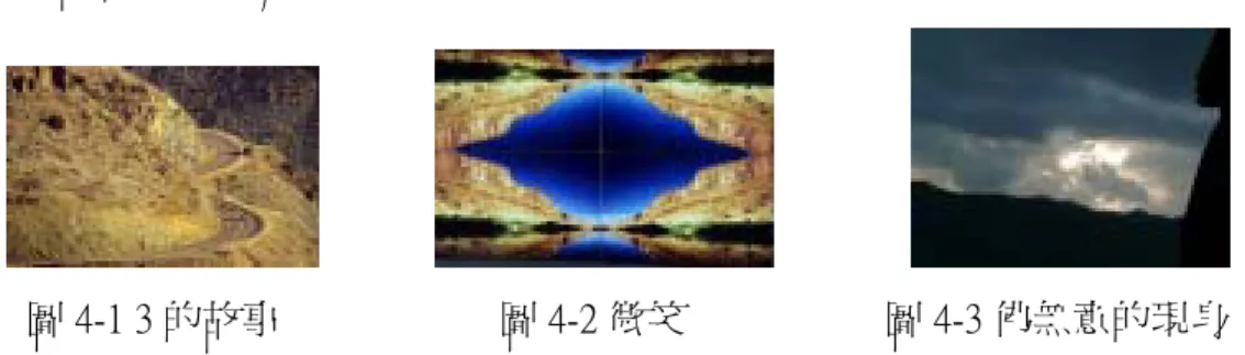 圖 2-1：坐在英國伯明旱的計程車裡，往窗外一望，公車上的騎士正駕著愛車飛 馳在車陣中，我把它比喻為突破重圍。  圖 2-2：月世界的沙地上，一隻馬陸脫完皮後，快速向前移動，我把它比喻為重 新出發。  圖 2-3：吳哥窟的古牆被百年老樹根穿透蔚為奇觀。回顧老樹的種子在數百年的 奮鬥滋長終有所成，我把它比喻為絕處逢生。  三、諷刺隱喻                                        圖 3-1 蒙面殺手         圖 3-2 蔣公落難記       圖 3-3 警察的副業 