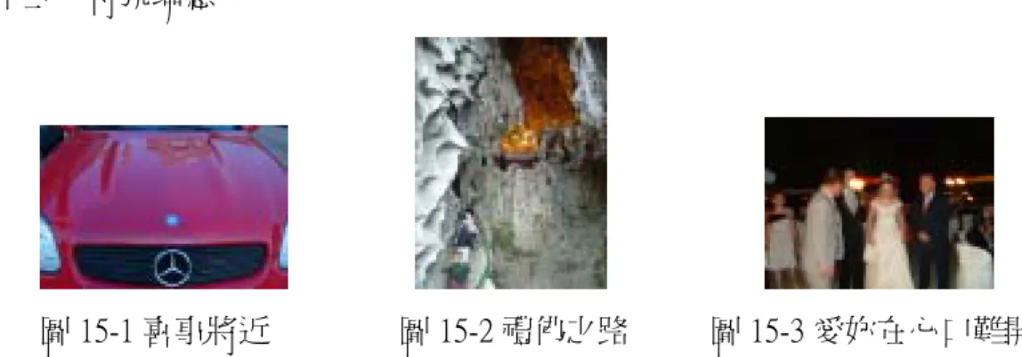 圖 14-2：路經台中市中港路上的廣告看板，抬頭一望看板有冷氣廣告、防蚊液廣 告等，讓揮汗如雨的我，也認同夏天的到臨。  圖 14-3：韓國的一所大學校園內，秋葉黃紅的顏色美不盛收，畫面下方的告示牌， 雖然不知道它的意思，卻也告知我們秋天的到臨。  圖 4-4：冬季的加拿大班夫國家公園雪美麗傲人，下過大雪後的湖泊、小涼亭、 以及遠方的樹林，呈現了層層相映的倒影美景，也讓人體驗冬天的到臨。  十五、符號聯想                                                    