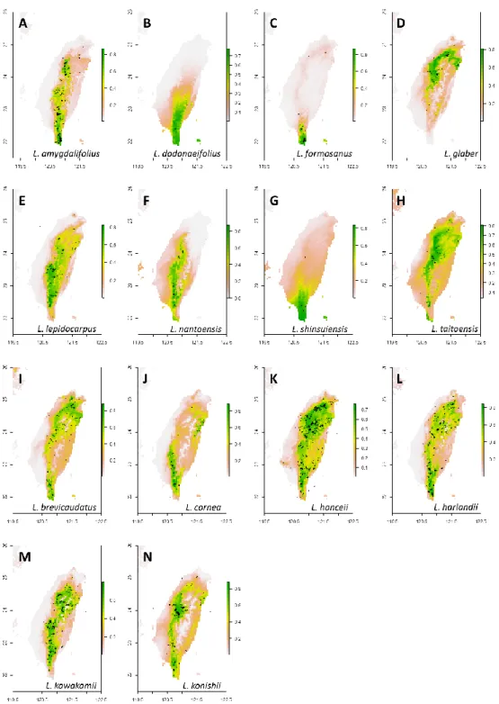 Figure  S2. The spatial distribution reconstructed according to the current sampling records from GBIF  and predicted using a machine-learning algorithms, maximum entropy algorithms, implemented in  Maxent (Phillips &amp; Dudík, 2008)