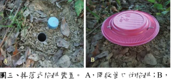 Figure 3. Device of a pitfall trap. A, a trap with open 