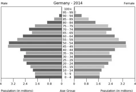 Figure 1. Demographic structure in Germany for 2014. Adapted from population pyramid  by Central Intelligence Agency (2014)
