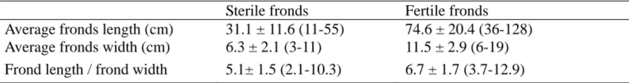 Table 3. Comparison of morphological parameters of the sterile fronds (62 fronds) and the fertile fronds (96 fronds) of  Asplenium nidus