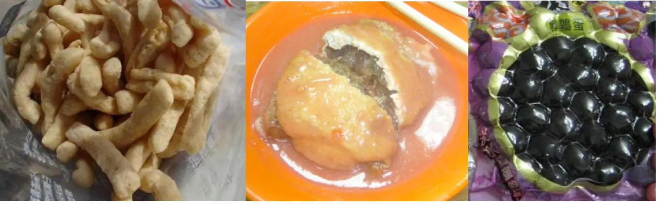 圖 2-5-14  淡水名產魚酥            圖 2-5-15  淡水名產阿給        圖 2-5-16  淡水名產鐵蛋  五、淡水與老街的相關研究      卓姿旻（1997）探討淡水鎮觀光遊憩資源發展，有效問卷 317 份，有效回收率 79.25%，在受訪者基本資料上，高中職與大專佔了 72.5%，職業以上班族與學生為 多數，居住在臺北縣市佔了 92.5%，所搭乘的交通工具以捷運與汽車各佔四成最多， 所花費的交通時間超過五成在一小時以內，顯示淡水遊客以近郊居民為主，平均每 週的戶外觀光遊
