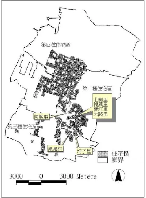 圖 2-4 台中港特定區計畫住業區分佈示意圖  資料來源: 台中縣政府都市計畫課  4.農業區用地  為防止都市用地漫無限制之發展，於都市發展用地外圍，土地多保留為農業 區或保護區使用。因此清水鎮北側九個村里包括裕嘉里、高西里、高南里、高東 里、高美里、高北里、國姓里、菁埔里、田寮里；與龍井南側四個村里包括龍東 村、龍西村、田中村、福田村；及梧棲鎮東南側三個村里包括興農里、永安里、 永寧里，多劃設農業區用地。(圖2-5)                 