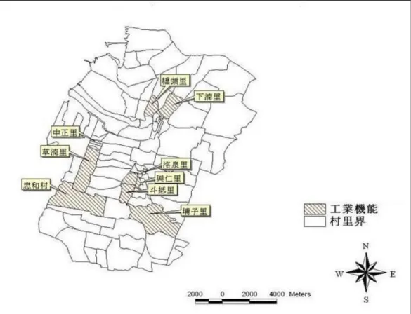 圖 3-4 台中港特定區工業機能顯著區分佈圖  資料來源:根據（表 3-13）所繪  為了近一步了解台中港特定區工業發展現況，根據台中縣工商發展投資策進 會所提供民國九十三年《台中縣工廠名錄》資料加以整理如(表 3-14)  。整體而 言，以龍井鄉製造業家數最多，梧棲鎮、清水鎮次之。本區四鄉鎮製造業主要行 業類型共計二十五類，其中家數達百家以上的行業，以機械設備製造修配業最 多、塑膠製品製造業、紡織業、金屬製品製造業次之。其中機械設備製造修配業、 金屬製品製造業多集中龍井鄉;而塑膠製品製造業平均分散於四鄉鎮
