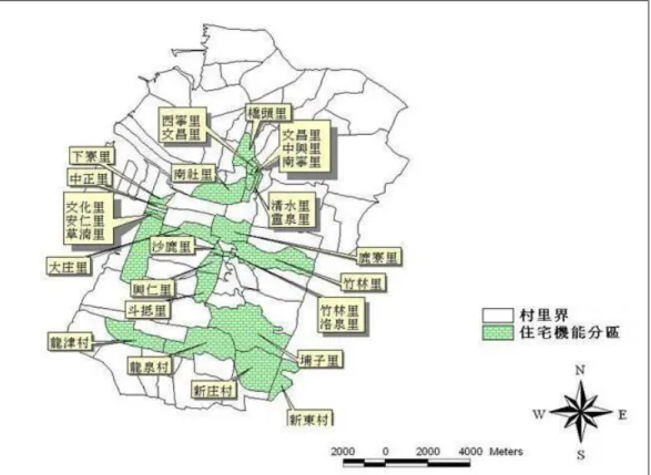 圖 3-8 台中港特定區住宅機能顯著區分布圖  資料來源:根據（表 3-1）所繪  整個清水隆起海岸平原的早期聚落，主要分布於兩條南北走向的帶狀連續性 村落及幾個沿海漁村(見圖 3-9):東邊的一條集中在大肚台地的山腳路〈即日今 省道台 1 線〉，由北往南分別有客庄、山腳頂湳子、下湳子、牛罵頭、鹿寮、沙 鹿、斗抵、潭子墘、龍目井、水師寮、竹坑、山子腳、頂街、大肚、社腳、山子 頂、王田、竹山。另一條則位於山腳路與海岸中間的一條狹長連村帶(即中央路 兩旁)，北到南分別是國姓廟、三塊厝、四塊厝、武鹿、秀水、大槺榔
