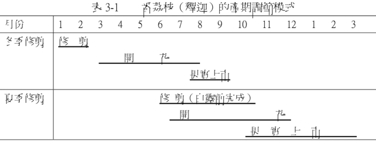 表 3-1        番荔枝（釋迦）的產期調節模式  月份  1      2      3      4      5      6      7      8      9      10      11      12      1      2      3  冬季修剪  修    剪            開          花              果實上市  夏季修剪                                          修  剪（白露前完成）      