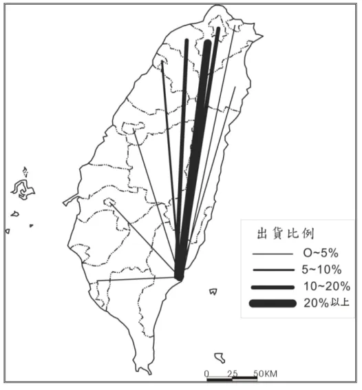 圖 4-10  台東地區農會釋迦運銷空間示意圖（以 2006 年釋迦運銷各行口為例）  資料來源：台東地區農會推廣股（2007.4）  本，北到初鹿等地都有產鳳梨釋迦，然而，外銷的鳳梨釋迦以斑鳩地區為主，另包括部 分初鹿和賓朗產銷班，主要原因在於這些地區緯度較高，地形上多屬 200~400m 的山坡 地區，正是適合鳳梨釋迦的生長環境，品質深受肯定，而且這些地區每年鳳梨釋迦產期 可自 12 月到隔年清明節，較一般地區產期晚但可以較久，再者，更重要的是斑鳩產銷 班能有效整合產銷班班員的優勢。地區農會依貿易商下的