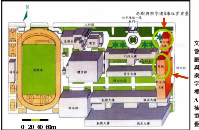 圖 2-1 臺灣師大校本部平面圖        資料來源：本研究擷取學校網站資料再繪製 一、  校園老樹在哪裡？  從 1922 年日據時代臺北高等學校創校，爾後歷經幾次改制成為臺灣師大， 校園內種植諸多樹木，許多樹齡悠久樹群較明顯集中在和平東路校門口進來左 轉，行政大樓前一直到舊樂智樓（圖上樂字樓 B 棟處），主要的樹種有白千層、 大王椰子、印度紫檀、黃檀等。其中位於郵局前的印度紫檀、黃檀，很有可能為 日據時代學者從南洋帶回臺灣進行學術研究的珍貴稀有品種，種植於臺灣師大前 身，臺北高等學校校園中。即便是光