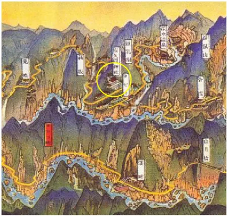圖 4-3-27    大太魯閣交通鳥瞰圖—部分（吉田初三郎繪，1935；遠流  出版社，1997 三版）  （二）阿里山神社  阿里山神社是臺灣位於高山中的神社之一，大正八年（1919）四月二十一日 鎮座，神社的神域廣達三萬平方米（境內地坪數為九千坪） ，是一片相當廣闊的 地方。阿里山成為特殊的勝景，我們可以從以下的文獻記載裡知悉：  《臺灣始政四十年》（1935）：  「國立公園候選的第一線 —阿里山，政府觀光局之所以設立阿里山為 國立公園候選地，是因其地為我日本山紫水明、富有雄觀的勝景，吸 引世界許多