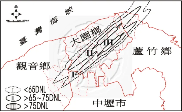 圖  2-1    桃園縣 94 年度台灣桃園國際航空站桃園地區航空噪音防制區圖 （註 2）