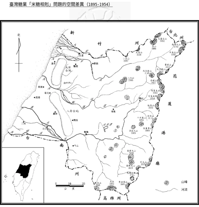 圖 4-4，台中州地形水文概況圖  基礎；大甲溪是本州第二長河，全台灣第四長河，引大甲溪灌溉的埤圳主要有葫 蘆墩圳、五福圳和八寶圳，灌溉面積佔十二條埤圳的 27﹪，其中葫蘆墩圳乃是 雍正初年由岸裡社通事張達京和土官潘敦仔以「割地換水」的方式所築成，灌溉 面積接近九千甲，對台中盆地北邊豐原一帶的稻作農業貢獻頗大，使「葫蘆墩米」 聞名全台；烏溪是本州第三長河，全台灣第六長河，流域面積排名全台灣第四， 所以十二條埤圳中引烏溪河水灌溉的多達五條，雖然規模稍小，但從上游的眉溪 到中游的貓羅溪到下游的烏溪，都有灌溉渠道
