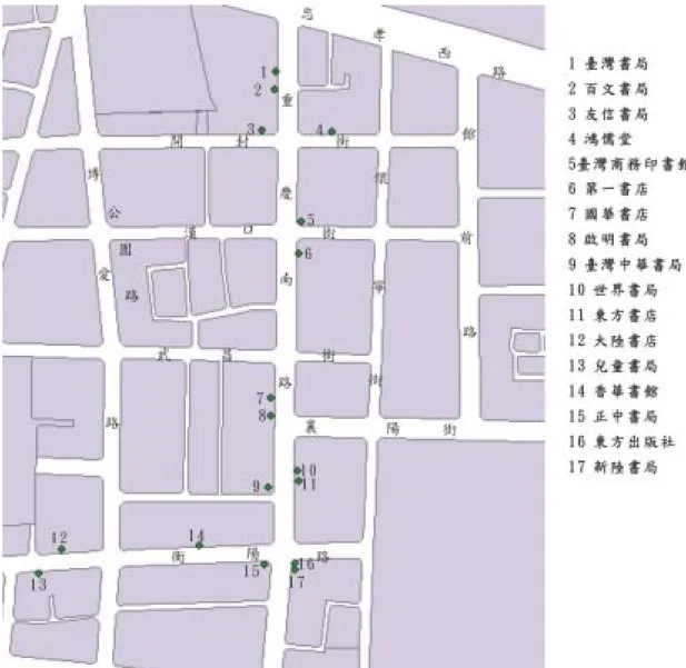 圖 3-3：民國 30 年代重慶南路出版社與書店分佈圖  資料來源：研究者繪製 