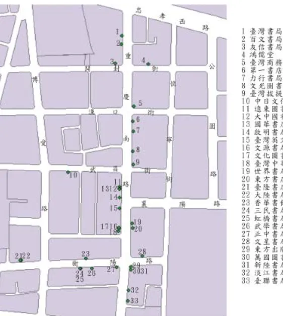 圖 3-7：民國 40 年代重慶南路出版社與書店分佈圖  資料來源：研究者繪製 