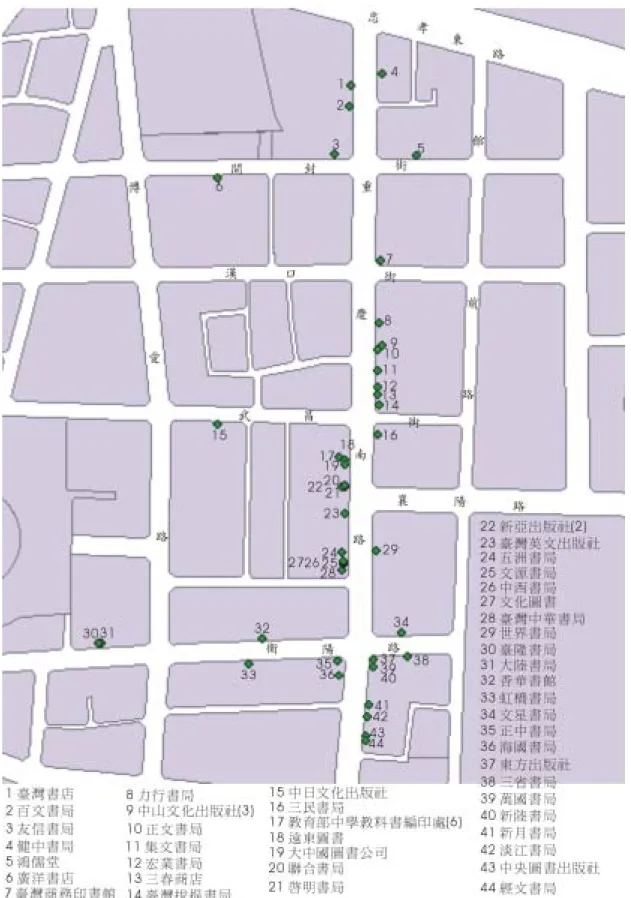 圖 3-9：民國 50 年代重慶南路出版社與書店分佈圖  資料來源：研究者繪製 