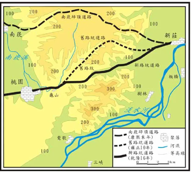 圖 4-3 桃園市至臺北盆地的交通位置圖  資料來源：陳正祥（1993） ， 《臺灣地誌下冊》 ，1137 頁，臺北：南天書局。  昭和 3 年（1928）時，桃園全縣臺車交通之載客人數曾達 39.6 萬，貨運為 10.1 萬公噸，純收入為 31.6 萬圓。但終因臺車之運量有限，且雨天諸多不便， 故自公共汽車興起後，臺車便不能與之競爭而逐漸淘汰。到了昭和 14 年（1939） ， 全區過半數的臺車道已經拆除，而現代化的公路，迅速代之而起。昭和 14 年 （1939）時，臺車道之全部載客人數已減為 1.3 萬