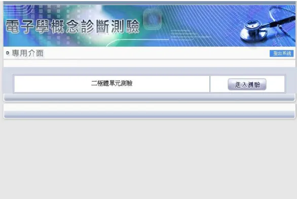 圖 3-4 學生進入測驗畫面  一、診斷迷思概念測驗功能   (一)測驗內容      系統的二階診斷測驗係先透過半開放式二階診斷測驗了解學生答題的可能理由，並 同時藉此分析出學生可能存在的迷思概念有 28 個 (詳細內容如表 3-1)。本研究之二極 體二階診斷測驗，總共 28 題選擇題，每題分為 a.b 兩階層，第一階層為欲測量之主題 內容的命題知識；第二階層則提供第一階層選項答案的理由。在本實驗進行之前，以台 北市某大學工業科技教育學系大三修過電子學課程之 30 位學生進行預試，預試結果此 二階診斷迷思