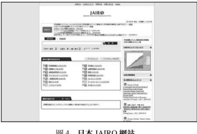 圖 4  日本 JAIRO 網站  資料來源：上網日期：2012 年 1 月 1 日；檢自：http://jairo.nii.ac.jp/ 由日本國立情報學研究所（National Institute of  Informatics，簡稱 NII）檢索出 14 種類型資料，包 含日本學術雜誌論文、學位論文、研究紀要、研究 報告、會議發表論文、教材等，遂建置日本線上機 構典藏（Japanese Institutional Repositories Online， 簡稱 JAIRO）綜合性入口網站，日本政府每年