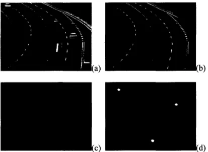 Figure  5.  Experiment results  for  road  extraction on  different environmental  conditions  (a)  is  the  input  scene ,  (b)  is  the daytime results ,  (c)  is  the rainy daytime  results ,  and  (d)  is the nighttime  results
