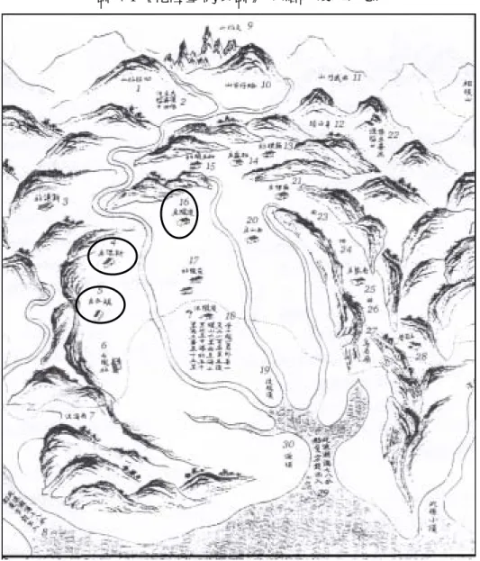 圖 4-1《乾隆臺灣輿圖》所繪的後壠地區  資料來源：洪英聖， 《畫說乾隆台灣輿圖》，台北：聯經出版社，2002，頁 71。  由乾隆年間後壠地區先後出現的漢人崇拜廟宇來看， 4 顯示此時後壠地區的 拓墾已到一定程度。如乾隆三十三年(1768)， 5 由林進興等倡議捐建於後壠街的「媽 祖廟」 ，顯示後壠街庄的發展已累積相當財富，有充足的經濟能力興建廟宇。  後壠街的出現，代表人口聚集已到一定的程度，聚落規模慢慢成形，聚落的 機能也不只侷限於農業，而加入了商業、手工業等產業。在《彰化縣志》中對於 「街」的解釋