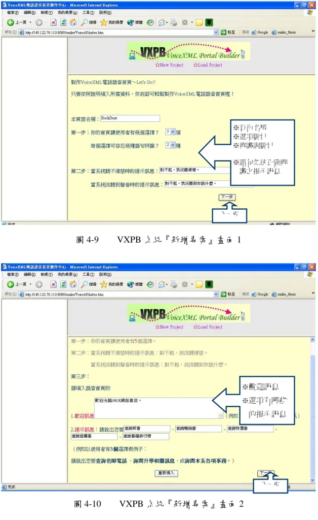 圖 4-9    VXPB 系統『新增專案』畫面 1  圖 4-10    VXPB 系統『新增專案』畫面 2 下一步 ※頁面名稱 ※選項數目  ※辨識詞數目  ※語句無法正確辨識之提示訊息 下一步 ※歡迎訊息 ※選項有哪些 的提示訊息 