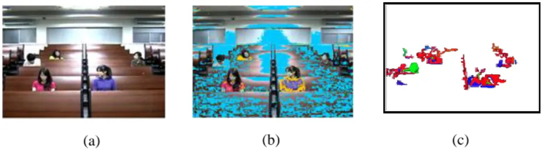 Figure 7 illustrates the results of the region growing algorithm. The input frame is shown in Figure  7(a),  and  Figure  7(b)  shows  the  distributions  of  the  foreground  pixels  (yellow)  and  the  background  pixels  (blue)